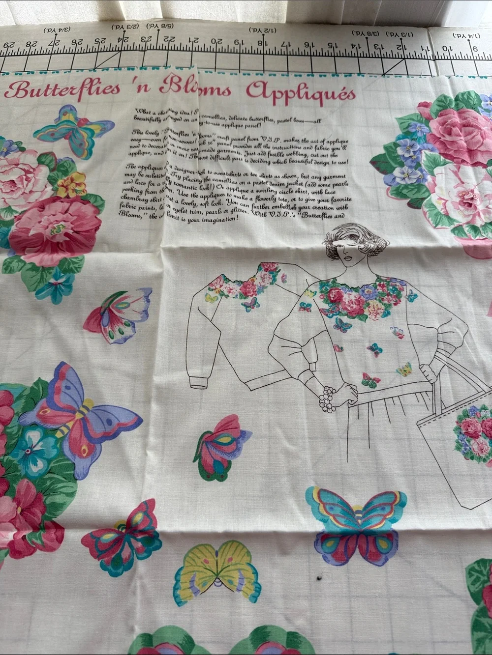 Vintage V.I.P. Cranston Butterflies ’n Blooms Appliqués Fabric Panel Floral